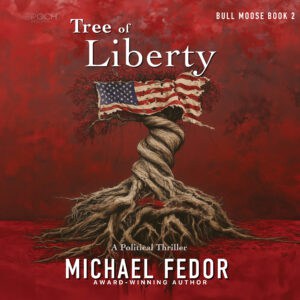 American flag-wrapped tree roots with a red background, symbolizing patriotism and political intrigu.