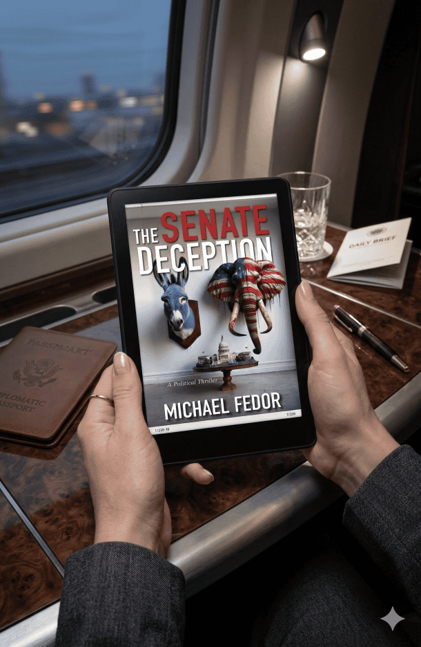 Book cover image of "The Senate Deception" by Michael Fedor, featuring a political theme with a mask.