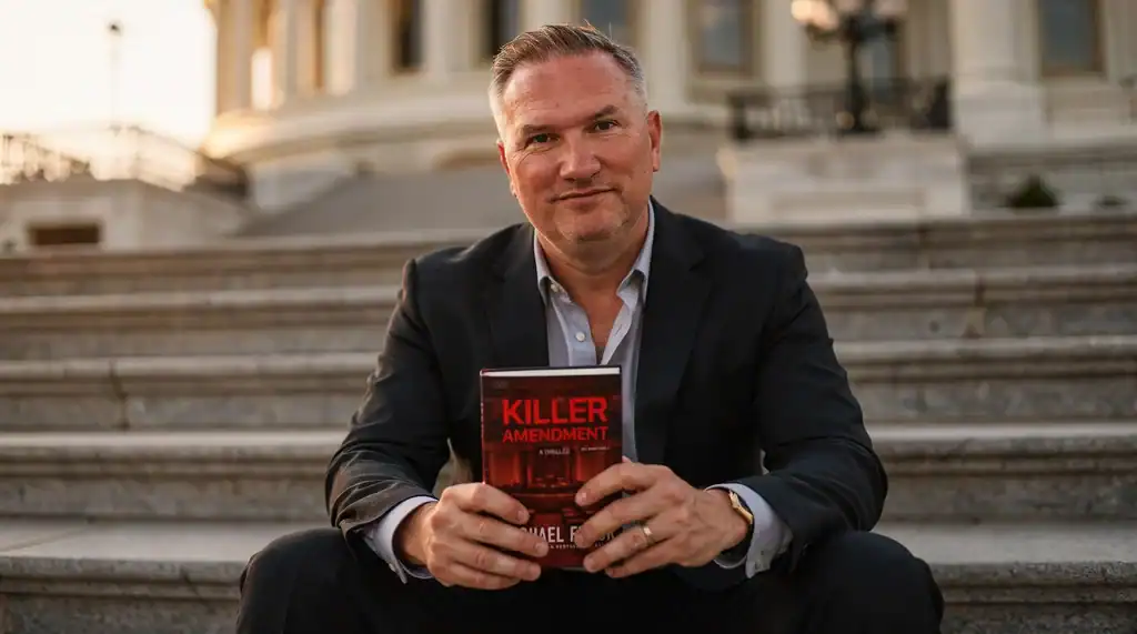 MJF Killer Amendment Killer Amendment author Michael Fedor holding his book outdoors.